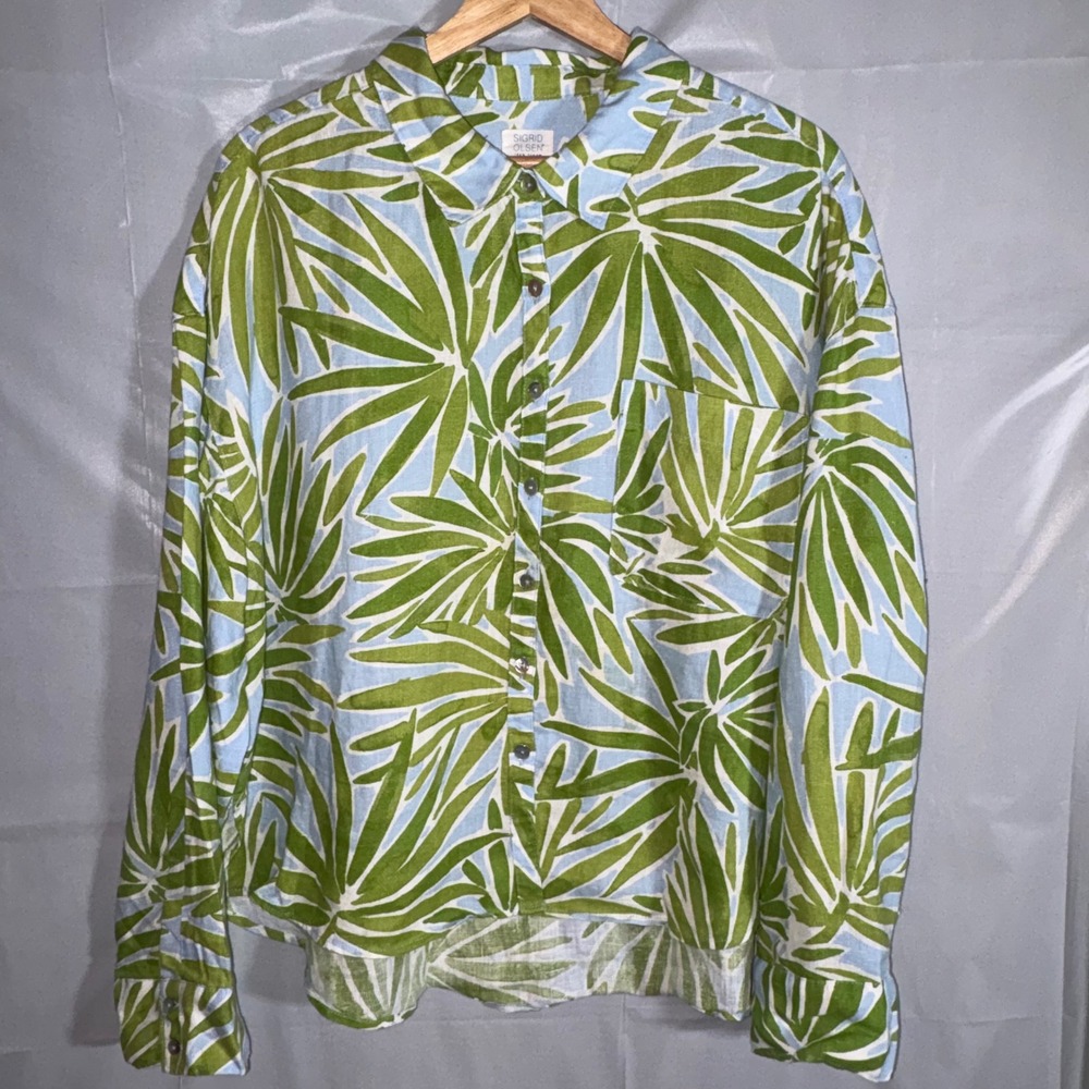 Sigrid Olsen Shirt Womens XL Blue Green Palm Leaf 100% Linen Button Up Tropical